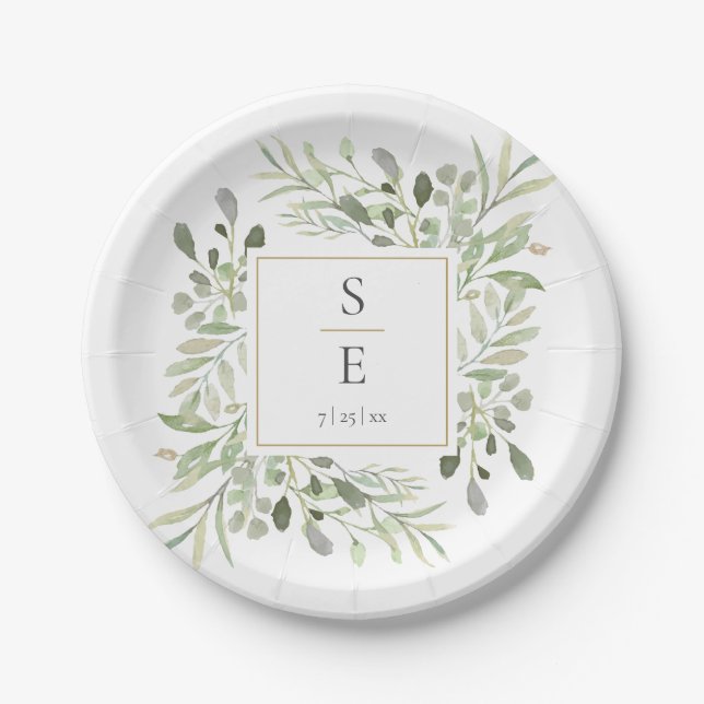 Assiettes En Carton Élégant Verdure Or Monogramme Initiales Mariage (Devant)