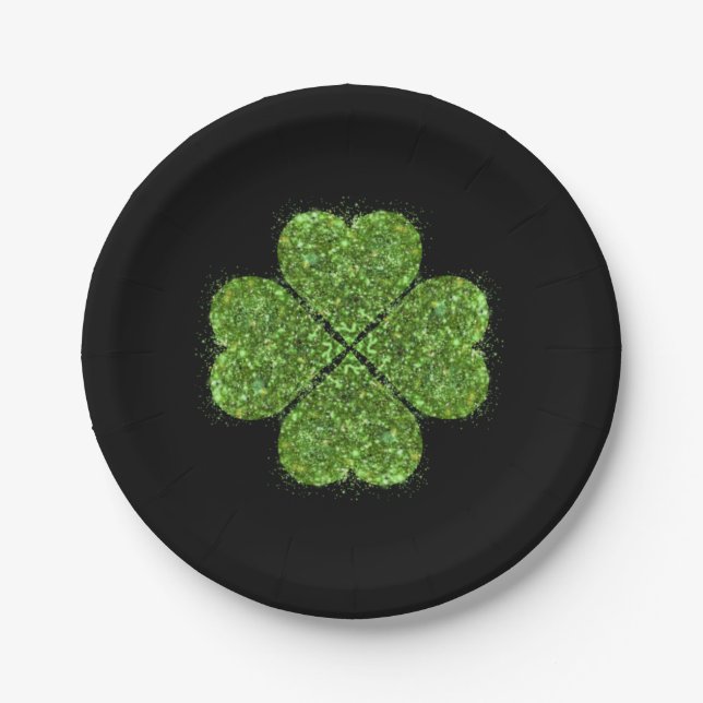 Assiettes En Carton Elégant vert irlandais brillant 4 feuilles trèfle (Devant)
