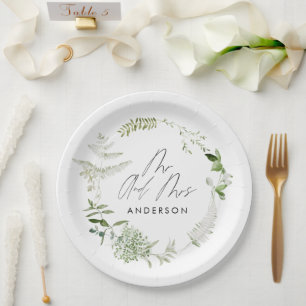 Assiettes En Carton Élégant vert mariage de script botanique moderne