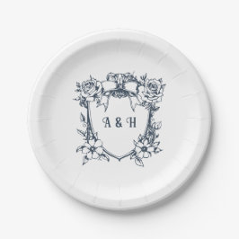 Assiettes En Carton Élégant Vintage Floral & Monogram Crest Mariage