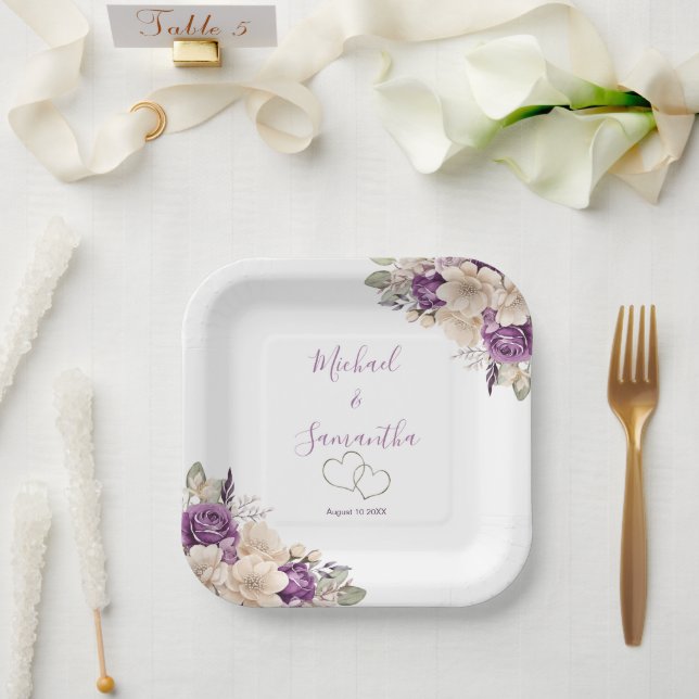 Assiettes En Carton Élégant violet et ivoire Rose Mariage (Mariage)