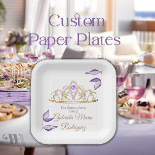 Assiettes En Carton Elégant violet Feuille Gold Tiara Quinceañera