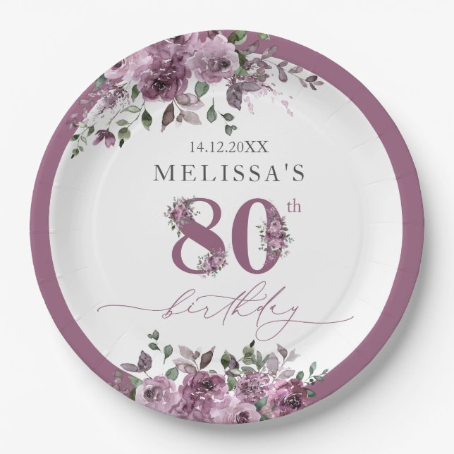 Assiettes En Carton Elégant violet floral 80e anniversaire (Devant)