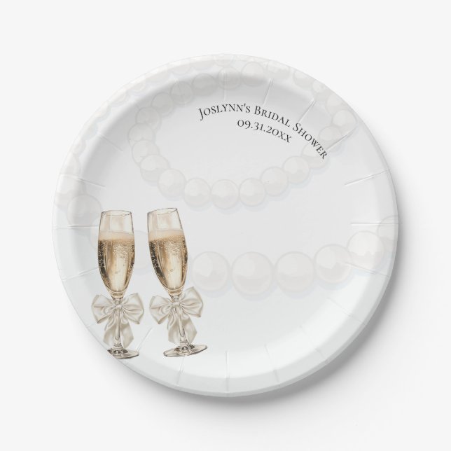 Assiettes En Carton Elegant White Pearls & Prosecco Bridal Shower  (Devant)