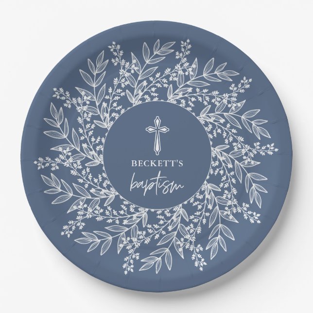 Assiettes En Carton Elegant Wreath and Cross Blue Boy Baptism (Devant)