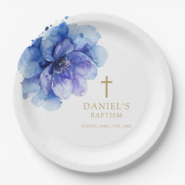 Assiettes En Carton Elégante aquarelle bleu Dusty Baptême floral (Devant)