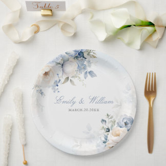 Assiettes En Carton Elégante aquarelle bleu Dusty Floral Mariage