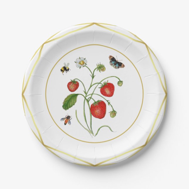 Assiettes En Carton Elégante aquarelle fraise botanique (Devant)