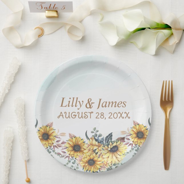 Assiettes En Carton Elégante Aquarelle Jaune Sunflower Sunny (Mariage)