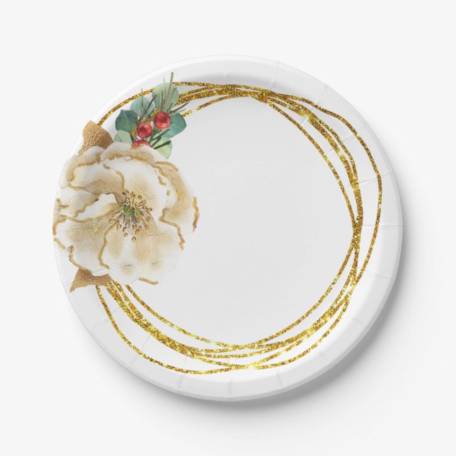Assiettes En Carton Elégante aquarelle Magnolia et couronne d'or (Devant)