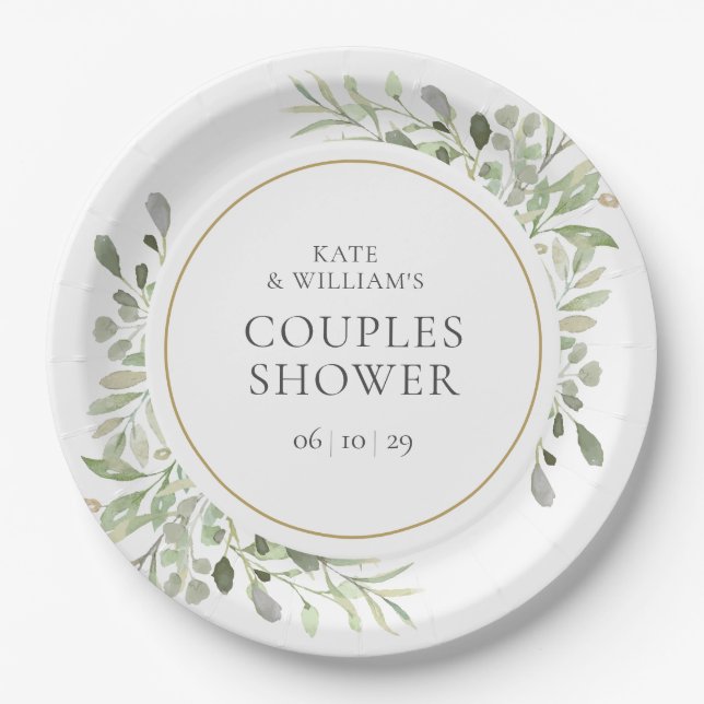 Assiettes En Carton Elégante Aquarelle Or Verdure Couples Douche (Devant)