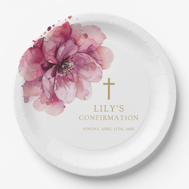 Assiettes En Carton Elégante Aquarelle rose chic Confirmation florale (Devant)
