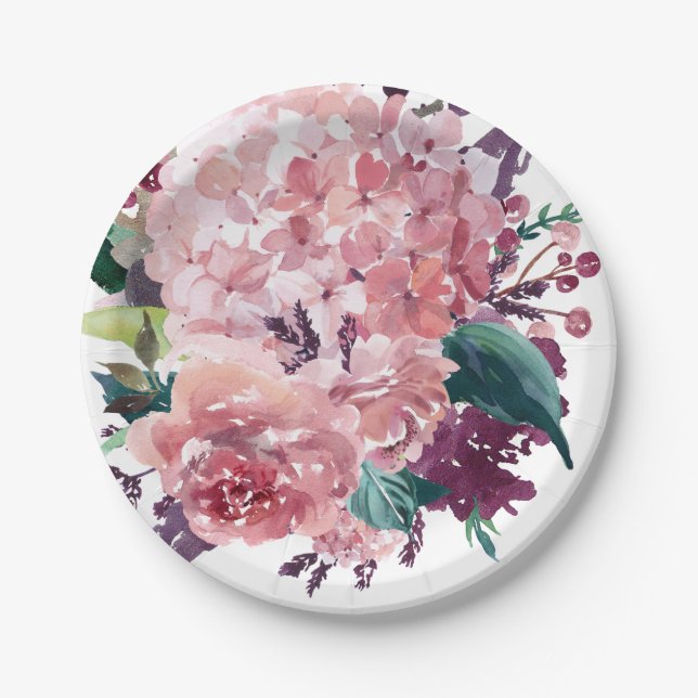 Assiettes En Carton Elégante aquarelle rose Floral | Hydrangée (Devant)