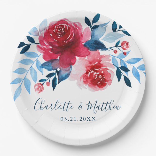 Assiettes En Carton Elégante aquarelle rouge bleu Mariage floral (Devant)