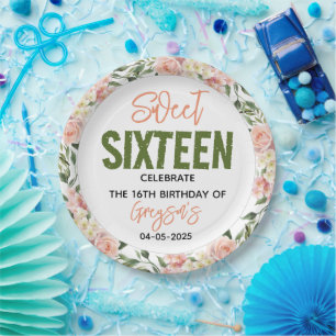 Assiettes En Carton Elégante aquarelle Sweet sixteen floral