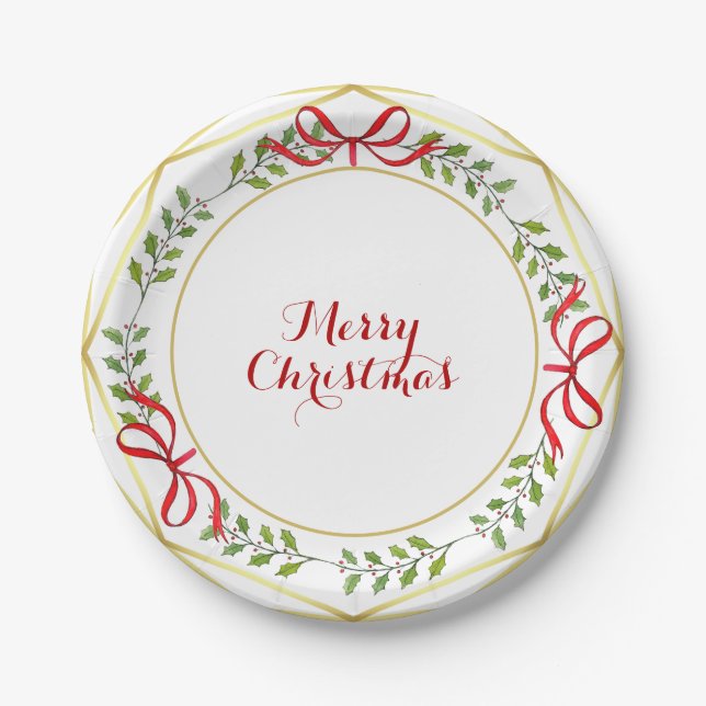 Assiettes En Carton Elégante aquarelle Vacances verdure Noël (Devant)