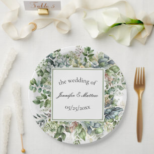 Assiettes En Carton Elégante aquarelle verte Feuille Mariage