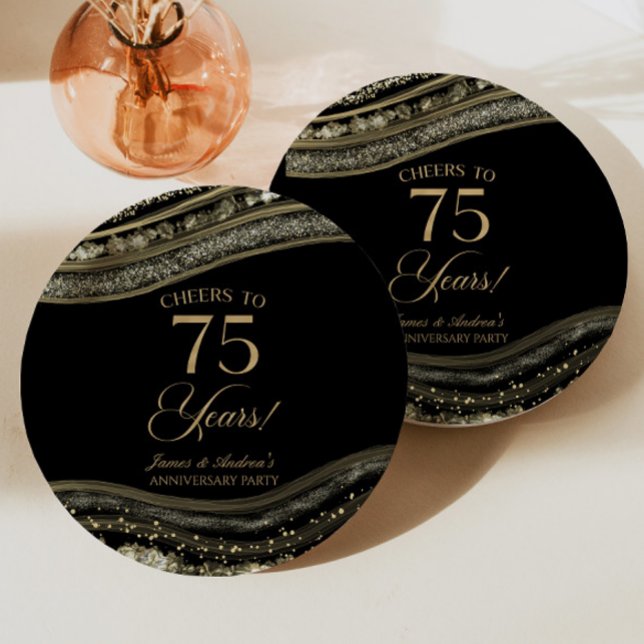 Assiettes En Carton Élégante Black Gold Agate 75e anniversaire fête (Créateur téléchargé)