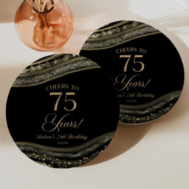 Assiettes En Carton Elégante Black Gold Agate 75e fête d'anniversaire (Créateur téléchargé)