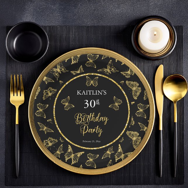 Assiettes En Carton Elégante Black Gold Butterflies 30e fête d'anniver (Elegant Black and Faux Gold Glitter Butterflies 30th Birthday Party Flat Paper Plates)