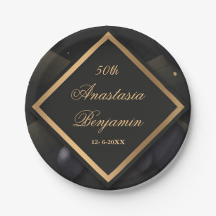 Assiettes En Carton Elégante Black Gold Geometry 50ème anniversaire