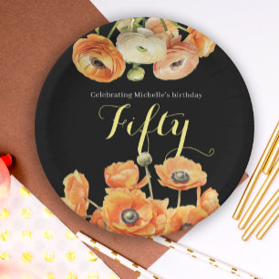 Assiettes En Carton Élégante Black Orange Floral 50e fête d'anniversai