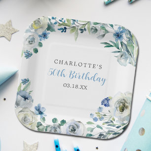 Assiettes En Carton Elégante Blue Blanc Floral Personnalisé Anniversai