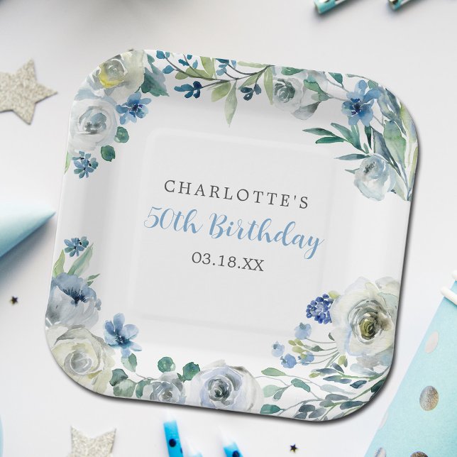 Assiettes En Carton Elégante Blue Blanc Floral Personnalisé Anniversai (Créateur téléchargé)
