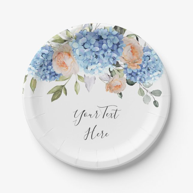 Assiettes En Carton Elégante Blue Hydrangea Pink Blush Rose Party (Devant)