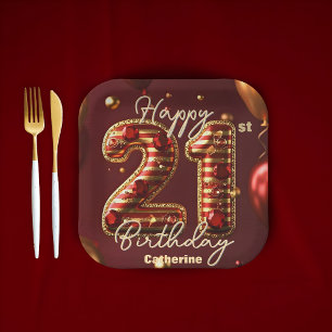 Assiettes En Carton Elégante Bourgogne & Or 21ème anniversaire Célébra