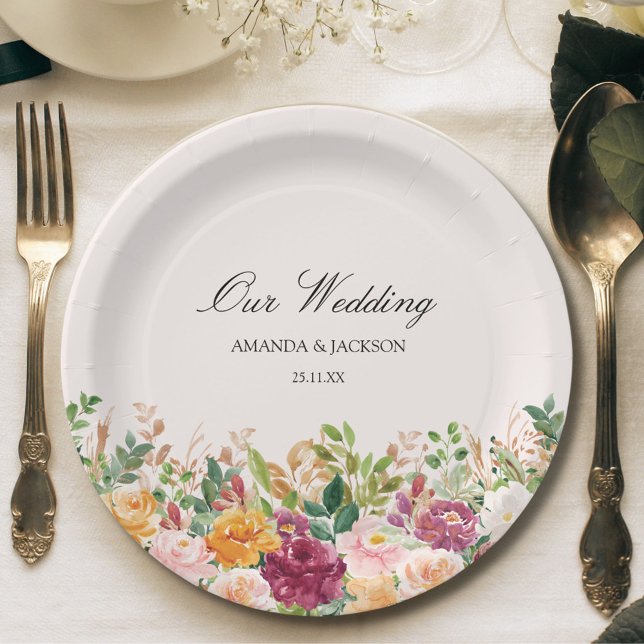Assiettes En Carton Élégante calligraphie Aquarelle Rose Mariage de fl (In situ)