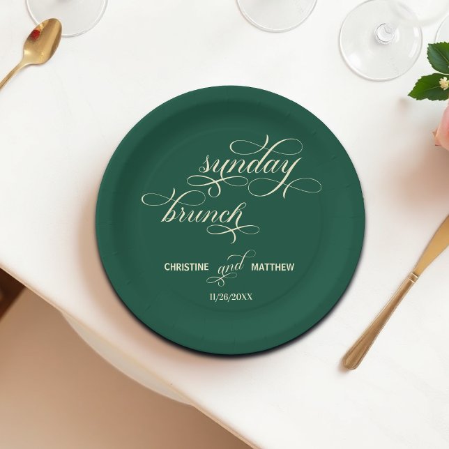 Assiettes En Carton Élégante calligraphie dimanche Brunch Mariage Turq (Créateur téléchargé)