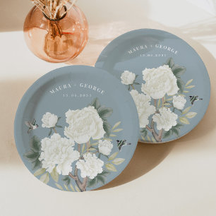 Assiettes En Carton Élégante Chinoiserie Dusty Blue Floral Bird Mariag