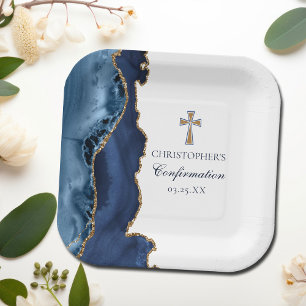 Assiettes En Carton Élégante confirmation Croix Marine Blue Gold Agate