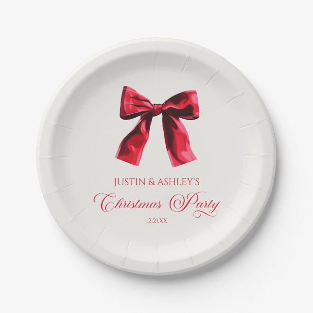 Assiettes En Carton Élégante Coquette Rouge Bow Noël Party (Devant)
