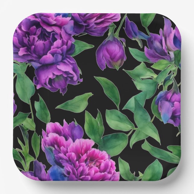 Assiettes En Carton Élégante couleur magenta violet fleurs (Recto)