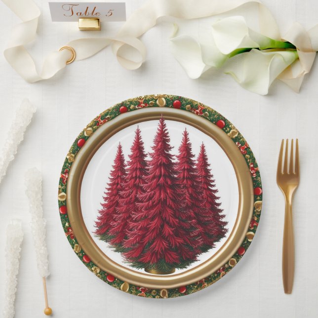 Assiettes En Carton Elégante Courbe rouge Berries Gold Joyeux arbre de (Mariage)