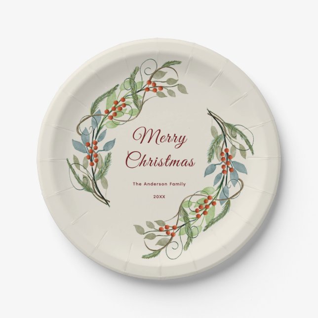 Assiettes En Carton Élégante couronne de Noël Joyeux Nom personnalisé (Devant)
