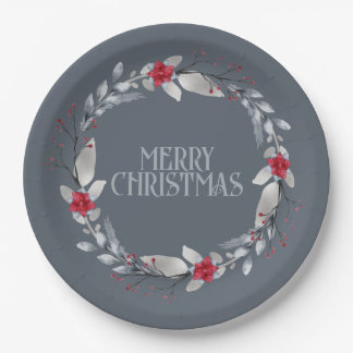 Assiettes En Carton Élégante couronne de Noël Rouge Argent Joyeux