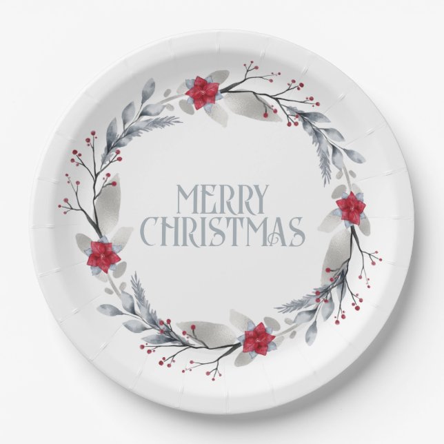 Assiettes En Carton Élégante couronne de Noël Rouge Argent Joyeux (Devant)