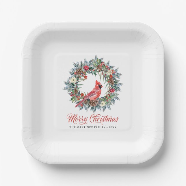 Assiettes En Carton Élégante couronne de pin Rouge Cardinal Noël (Recto)