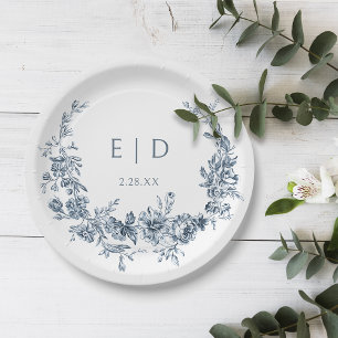 Assiettes En Carton Élégante couronne florale Bleue gravée avec Monogr