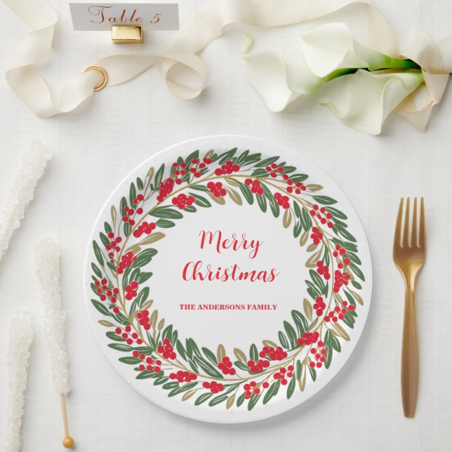 Assiettes En Carton Elégante couronne rouge Holly Berries Vert Noël (Mariage)
