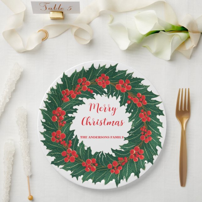 Assiettes En Carton Elégante couronne rouge Holly Berries Vert Noël (Mariage)