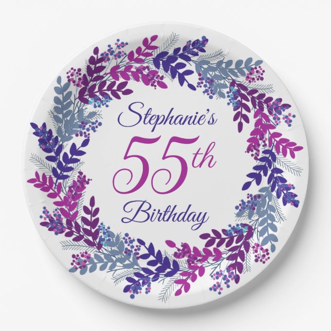 Assiettes En Carton Élégante couronne violette rose 55e anniversaire (Devant)