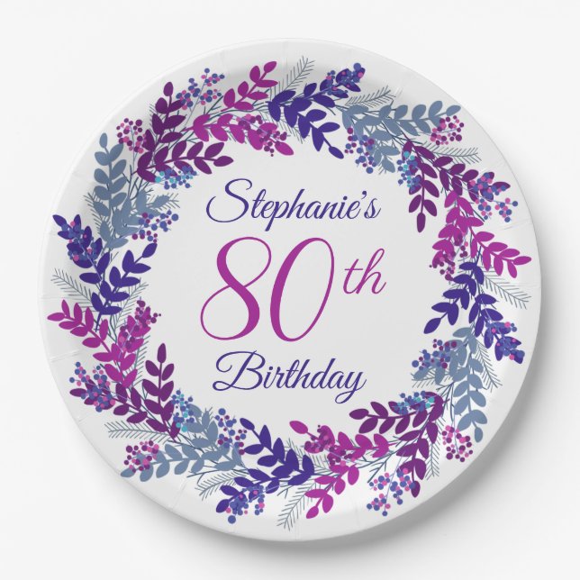 Assiettes En Carton Élégante couronne violette rose 80e anniversaire (Devant)