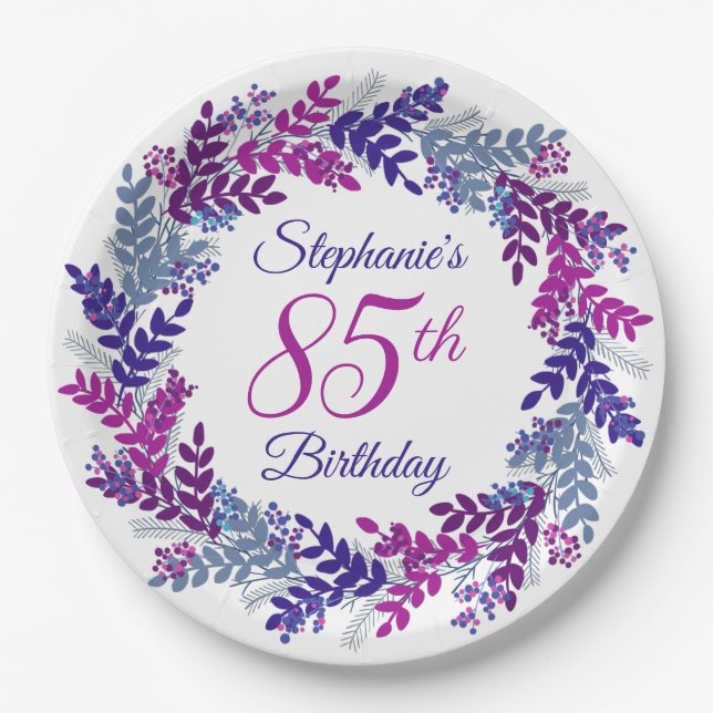 Assiettes En Carton Élégante couronne violette rose 85e anniversaire (Devant)