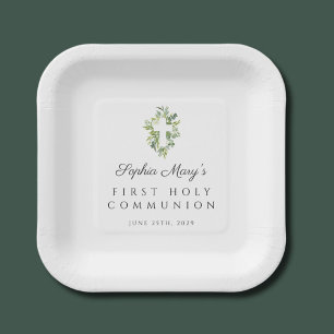 Assiettes En Carton Elégante Croix Botanique Verte Première Communion