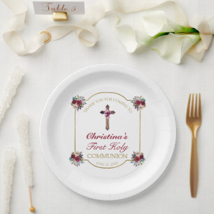 Assiettes En Carton Elégante Croix d'or Rouge 1ère Sainte Communion