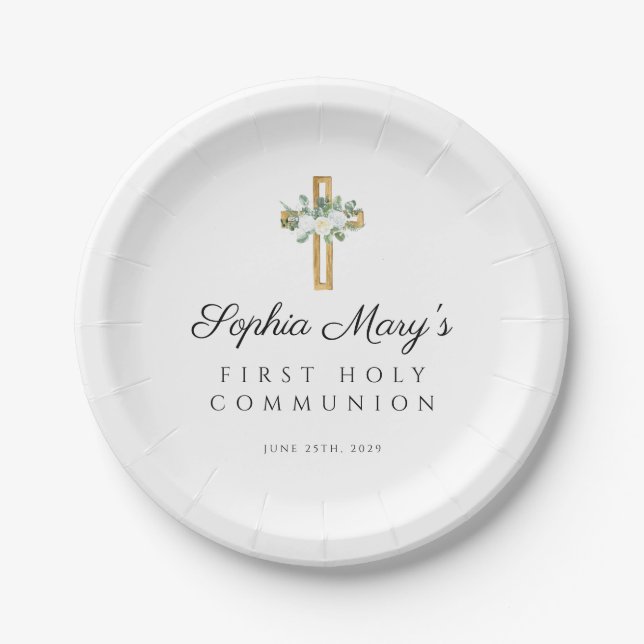 Assiettes En Carton Elégante Croix florale blanche Première communion (Devant)